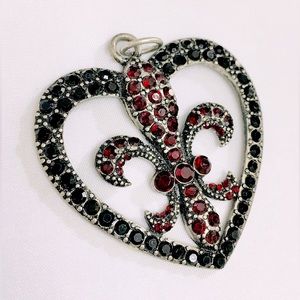 Red And Black Rhinestone Silver Tone Fleur De Lis Heart Pendant For Necklace